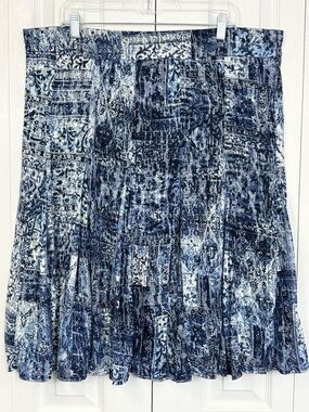 NWT CJ Banks Blue Multi Patchwork Boho Stretch Pull-On Midi Skirt 1X